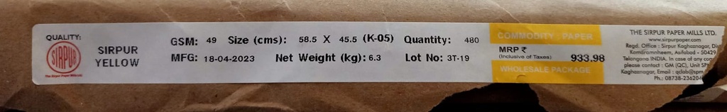 Sirpur Yellow 18x23 - 6.3 Kg 50 Gsm 480 Sheet Price & Package ( Sirpur Paper )