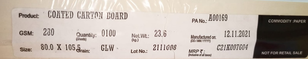 JK Tuffcoat 31.5x41.5 - ( 80x105.5 ) 280 Gsm 23.6 Kg 100 Sheet Price & Package