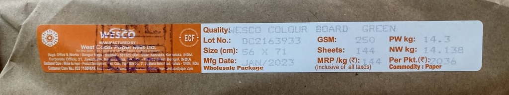 Westcoast Card 22x28 - 14.3 Kg 250 Green 144 Sheet Price & Package ( Westcoast Card )