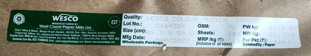 Westcoast Titlte 18x23 - 11.5 Kg 90 Gsm Green 480 Sheet Price & Package ( Wetcoast Paper )