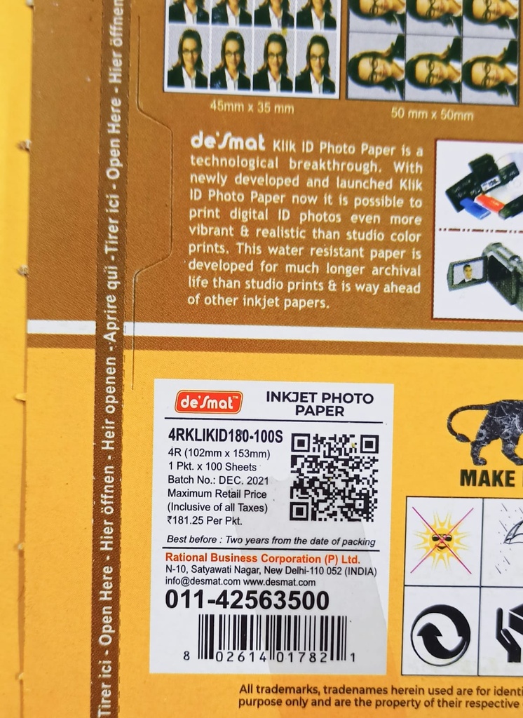 Desmet Glossy Paper 6x4 Size " 180 Gsm