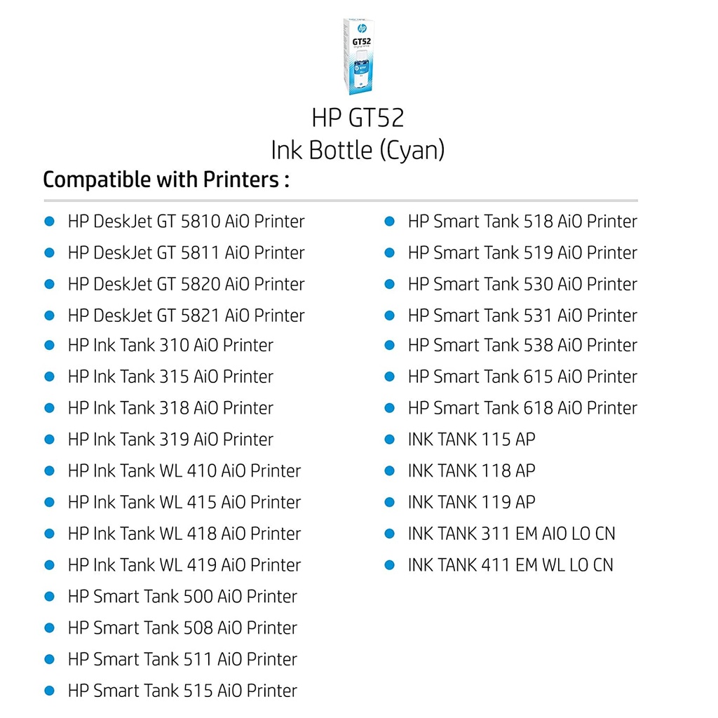 HP GT52 70-ml Cyan Original Ink Bottle