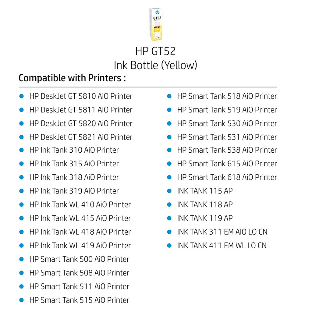 HP GT52 70-ml Yellow Original Ink Bottle
