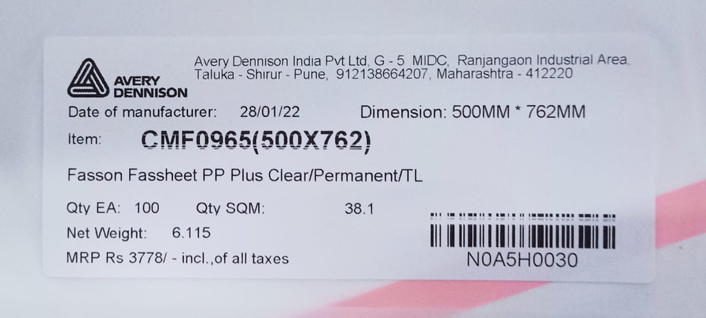 >> Avery Dennison Transparent Sticker Plastic 20x30 - 80 Micron " 125 Micron Silicon 100 Sheet Price & Package