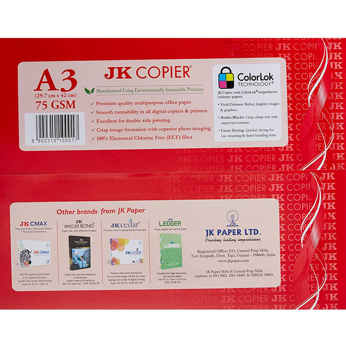 J.K Red A/3 75 Gsm Plain Copier Paper
