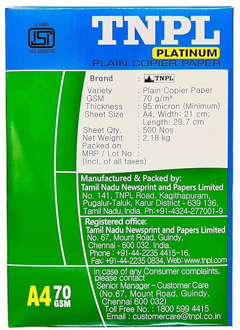 TNPL Platinum Copier Paper A4 70 Gsm (500 Sheet,1 Ream) White Colour