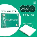 JK Easy Copier Paper, A3 Size, 70 Gsm,(500 Sheet,1 Ream) White Colour