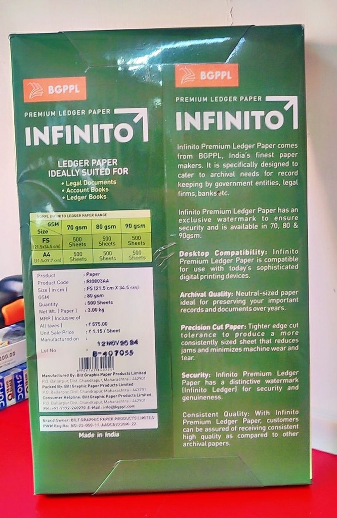 BGPPL Infinito Ledger Copier Paper, FS Legal Size, 80 Gsm, (500 Sheet,1 Ream) Light Green Colour