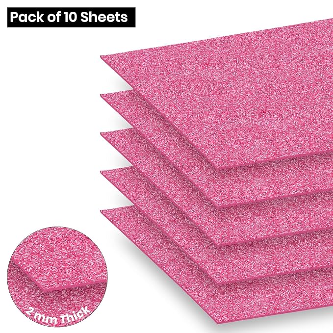Glitter Foam Sheet, A4 Size, Pink Colour, (1.5mm Thick -Pack Of 10) For Arts and Crafts, Scrapbooking, DIY Work, Decoration, Gift Wrapping.