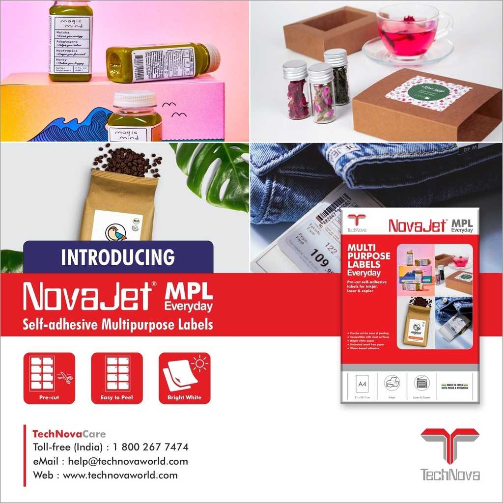 NovaJet (Technova) MPL 21, A4 Size 63.5x38 mm, Multipurpose Label Sticker, White Colour, Pack of 100 Sheets 