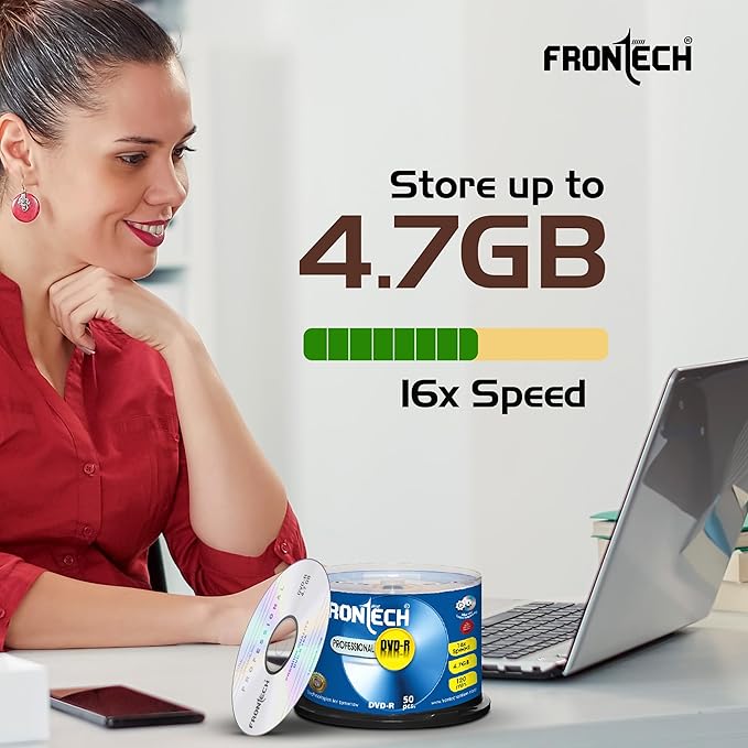 Frontech Blank DVD Recordable, 4.7 GB Storage, 120 Mins, 16X Speed - Pack of 50 