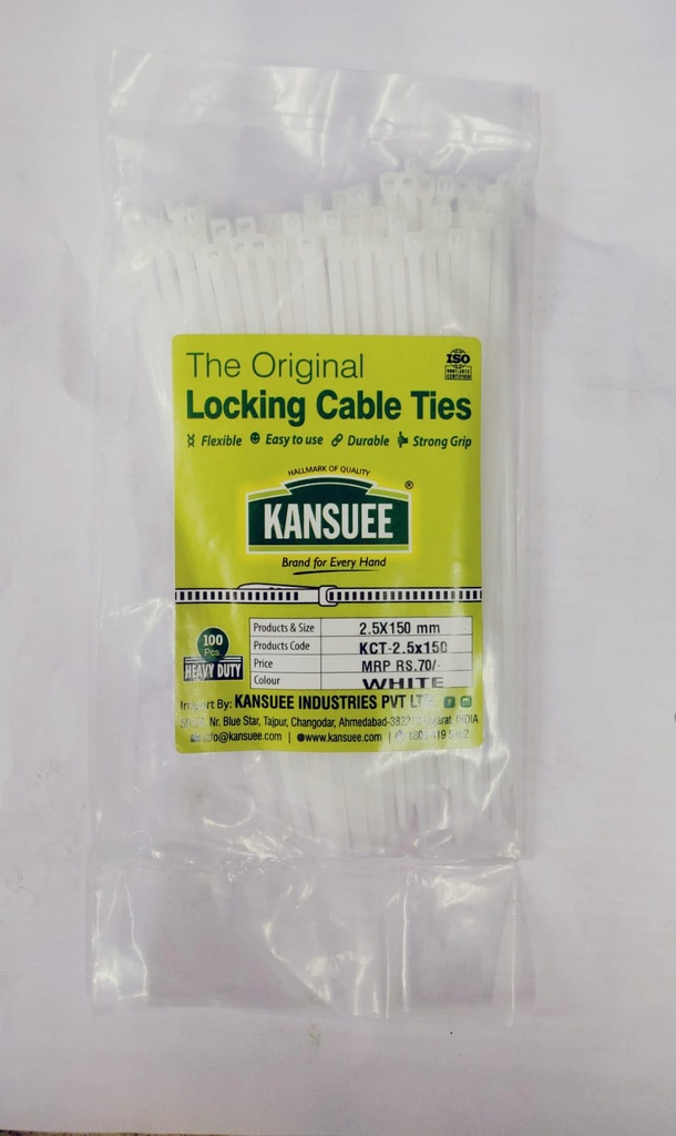 Kansuee Self Locking Cable Ties 2.5x150mm (Pack Of 100) White Colour