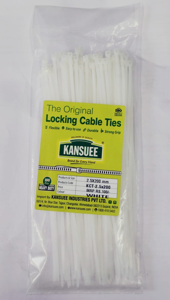 Kansuee Self Locking Cable Ties 2.5x200mm (Pack Of 100) White Colour 