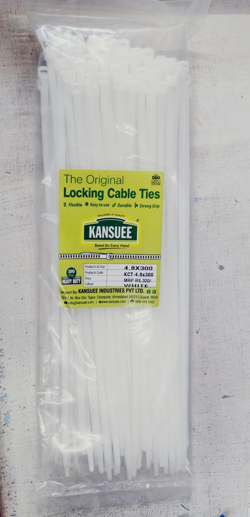 Kansuee Self Locking Cable Ties 4.8x300mm (Pack Of 100) White Colour