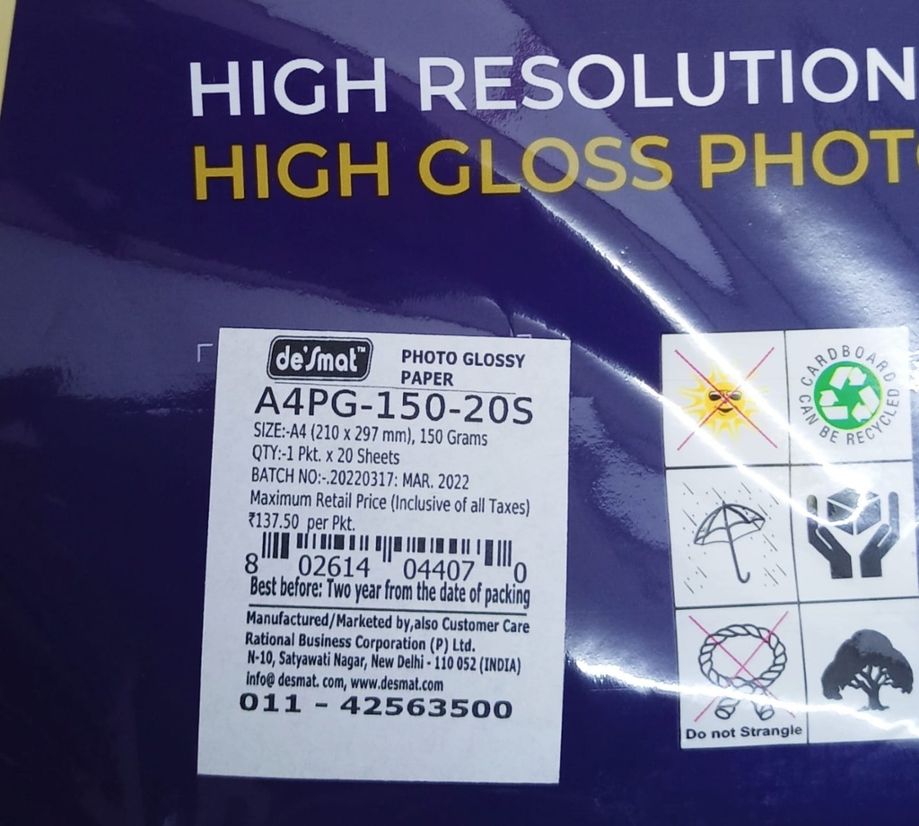 Desmat High Gloss Photo Paper, A4 Size 150 Gsm (Pack of 20)