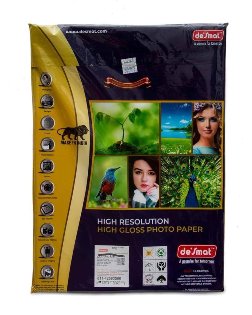 Desmat High Gloss Photo Paper, A4 Size 210 Gsm (Pack of 50)
