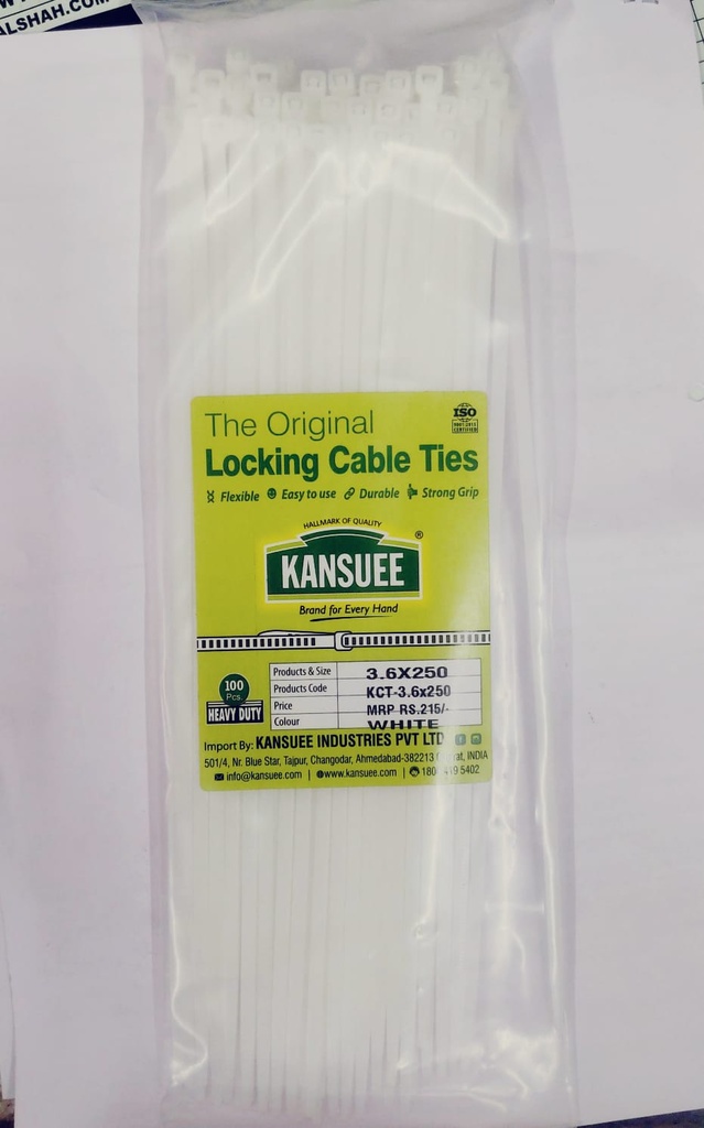 Kansuee Self Locking Cable Ties 3.6x250mm (Pack Of 100) White Colour