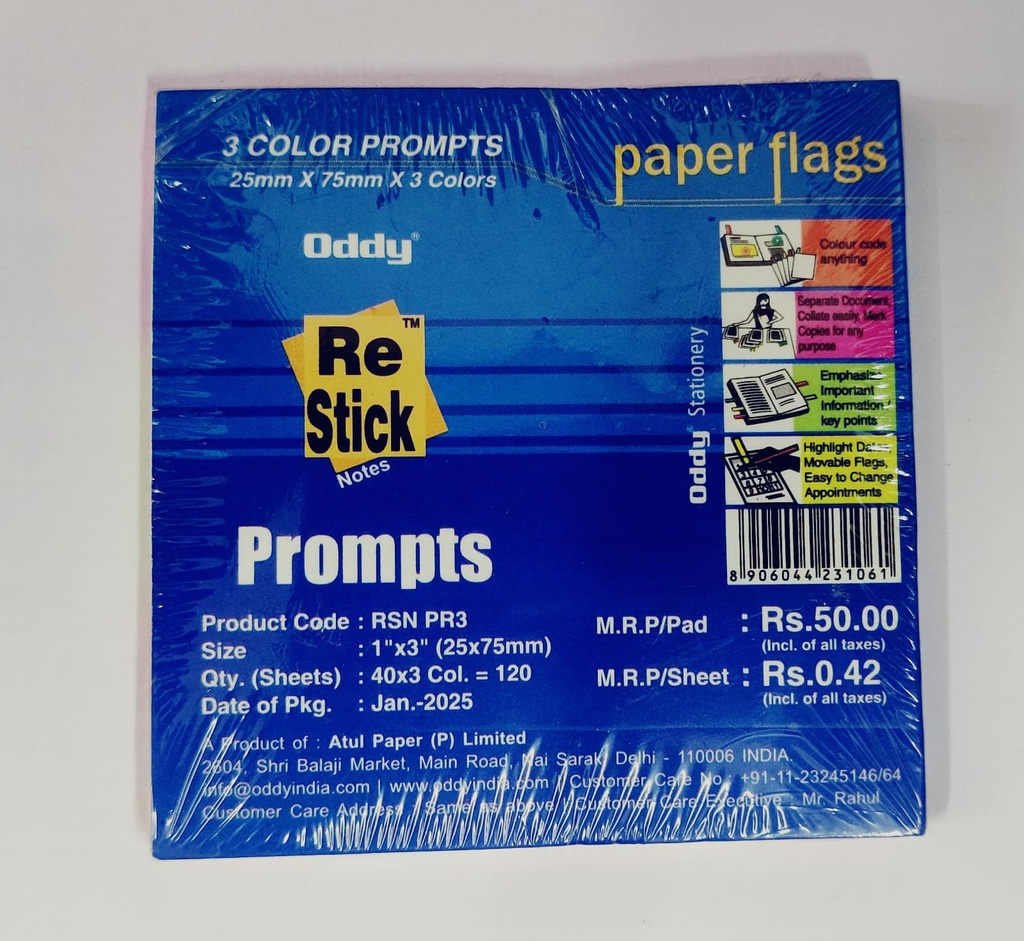 Oddy Sticky Notes 1"x3" (25mmx75mm) 3 Colour Post IT 120 Sheet