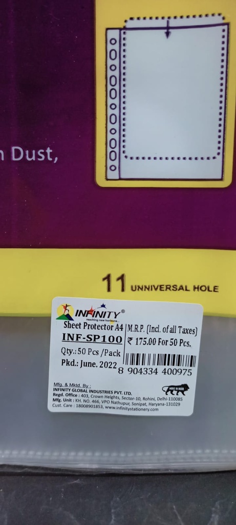 Infinity Sheet Protector 100 Micron A4 (Pack Of 50)