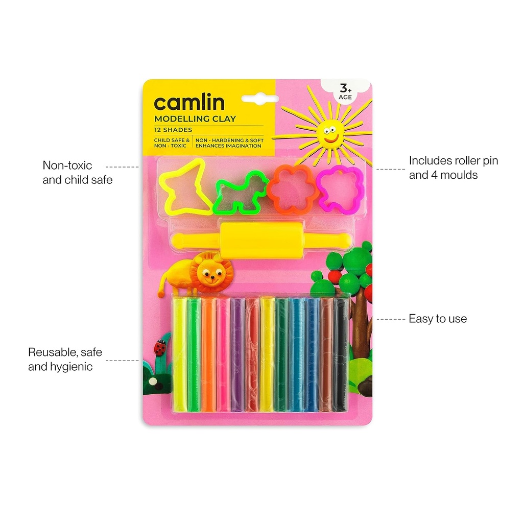 Camlin Modelling Clay Assorted 12 Shades (200gm) With Roller Pin & Moulds 