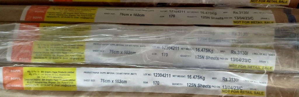 Matt Art Paper 30x40 -65.9 Kg 170 Gsm 125 Sheet Price & 500 Sheet Package ( Bilt Paper )