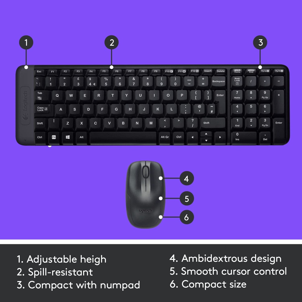 Logitech MK220 Compact Wireless Keyboard and Mouse Combo for Windows, 2.4 GHz Wireless with Unifying USB-Receiver, 24 Month Battery, Compatible with PC, Laptop - Black