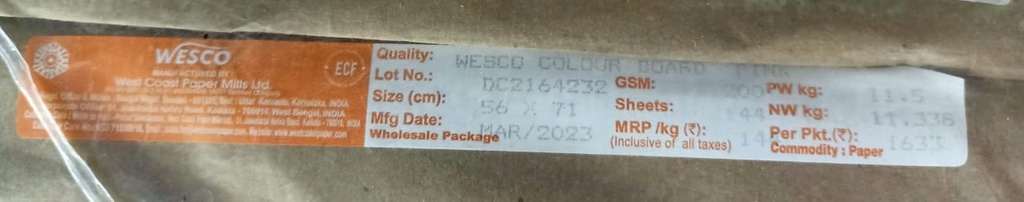 Westcoast Card 22x28 -11.5 Kg 200 Gsm Pink 144 Sheet Price & Package ( Westcoast Card )
