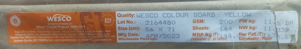 Westcoast Card 22x28 -11.5 Kg 200 Gsm Yellow 144 Sheet Price & Package ( Westcoast Card )