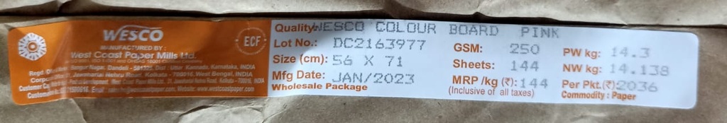 Westcoast Card 22X28 -14.3 Kg 250 Gsm Pink 144 Sheet Price & Pakcage ( Westcoast Card )