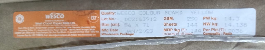 Westcoast Card 22x28 -14.3 Kg 250 Gsm Yellow 144 Shet Price & Package ( Westcoast Card )
