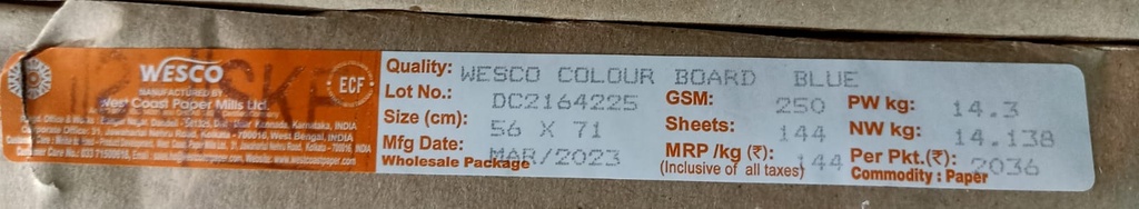 Westcoast Card 22x28 -14.3 Kg 250 Gsm Blue 144 Sheet Price & Package ( Westcoast Card )