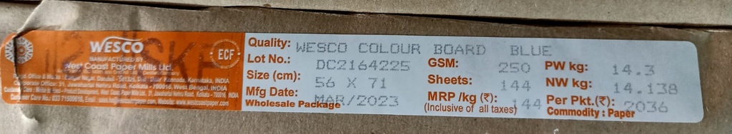 Westcoast Card 22x28 -14.3 Kg 250 Gsm Blue 144 Sheet Price & Package ( Westcoast Card )