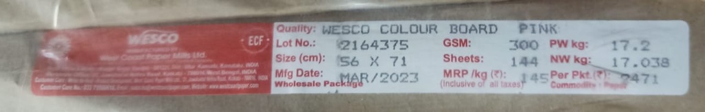Wescoast card 22x28 -17.2 Kg 300 Gsm Pink 144 Sheet Price & Package ( West coast Card )
