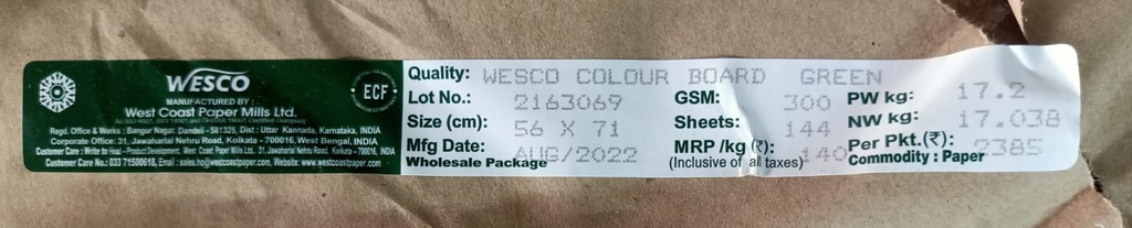 Westcoast Card 22x28 -17.2 Kg 300 Gsm Green 144 Sheet Price & Package ( Westcoast Card )