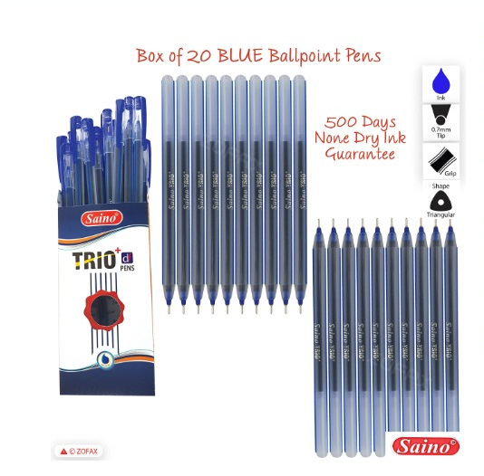 Saino Trio Plus Use & Throw Ball Pen Blue Colour (Pack Of 20) | SHRI ...