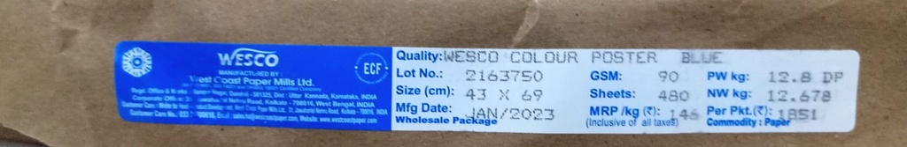 Westcoast Title 17x27 -12.8 Kg 90 Gsm Blue 480 Sheet Prcie & Package ( Westcoast Paper )