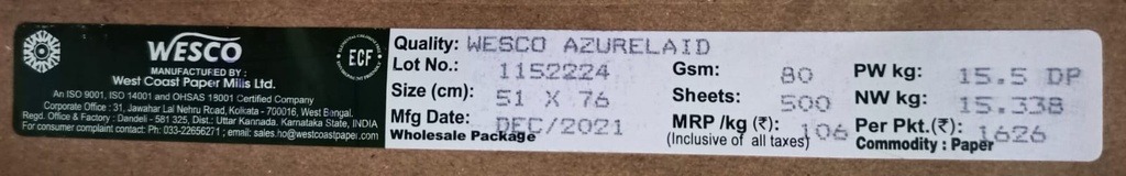 Westcoast Ledger 20x30 -15.5 Kg 80 Gsm 500 Sheet Price & Package ( Westcoast Paper )