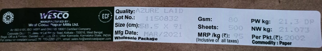 Westcoast Ledger 23x36 -21.3 Kg 80 Gsm 500 Sheet Price & Package ( Westcoast paper )