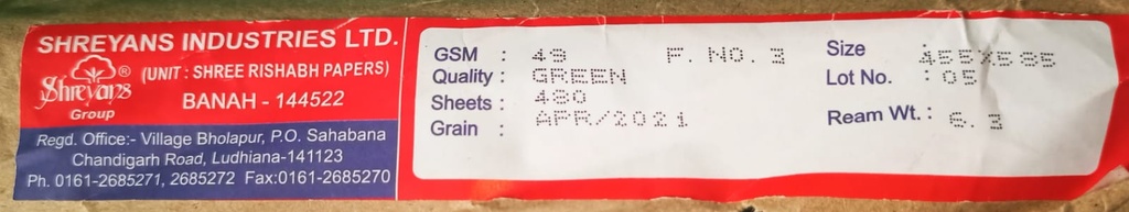 Shreyans Green 18x23 -6.3 Kg 50 Gsm 480 Sheet Price & Package ( Shreyans paper )