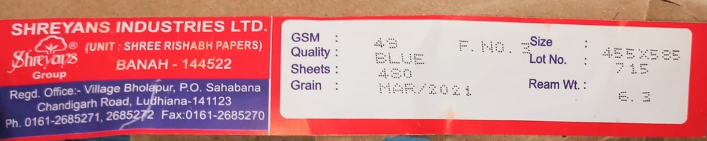 Shreyans Blue 18x23 -6.3 Kg 50 Gsm 480 Sheet Price & Package ( Shreyans Paper )
