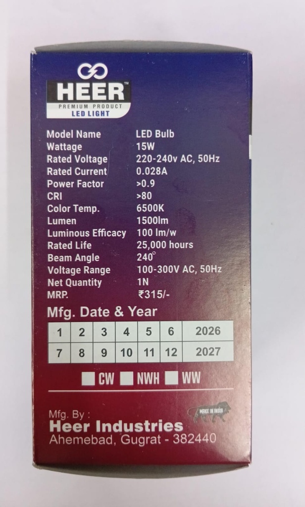 LED Bulb 15 Watt (1 Year Warranty)