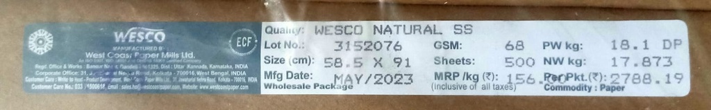 Natural Buff 23x36 -18.1 Kg 68 Gsm 500 Sheet Price & Package ( Westcaoast Paper )