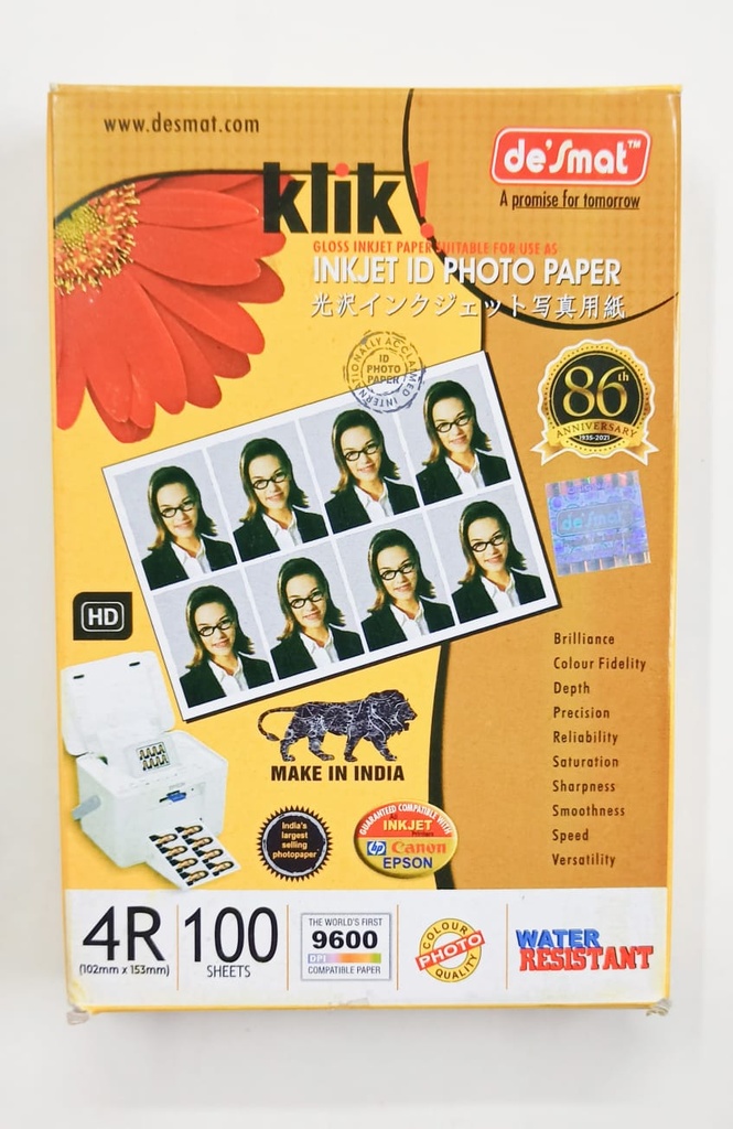 Desmat Klik Inkjet ID Photo Paper Gloss, Size 6x4 180 Gsm (Pack of 100) 