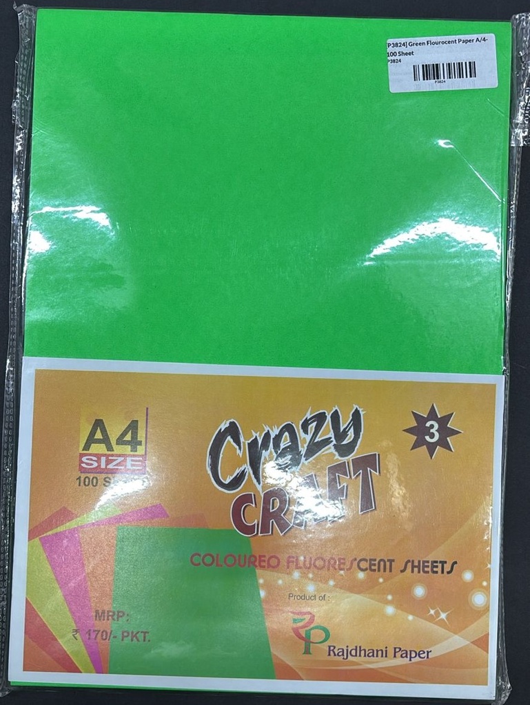 Fluorescent Colour Paper Double Sided, A4 Size, 80 Gsm, Green Colour (Pack of 100) Use for Arts / Crafts & Printing.