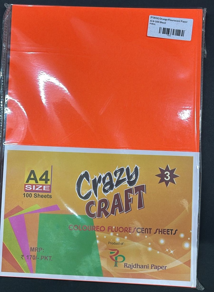 Fluorescent Colour Paper Double Sided, A4 Size, 80 Gsm, Orange Colour, (Pack of 100) Use for Arts / Crafts & Printing. 