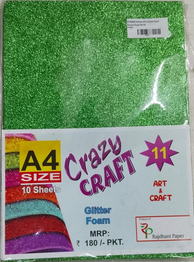 Glitter Foam Sheet, A4 Size, Light Green Colour, (1.5mm Thick -Pack Of 10) For Arts and Crafts, Scrapbooking, DIY Work, Decoration, Gift Wrapping.