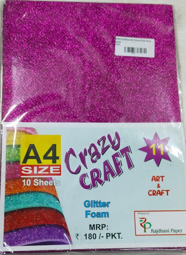 Glitter Foam Sheet, A4 Size, Pink Colour, (1.5mm Thick -Pack Of 10) For Arts and Crafts, Scrapbooking, DIY Work, Decoration, Gift Wrapping.