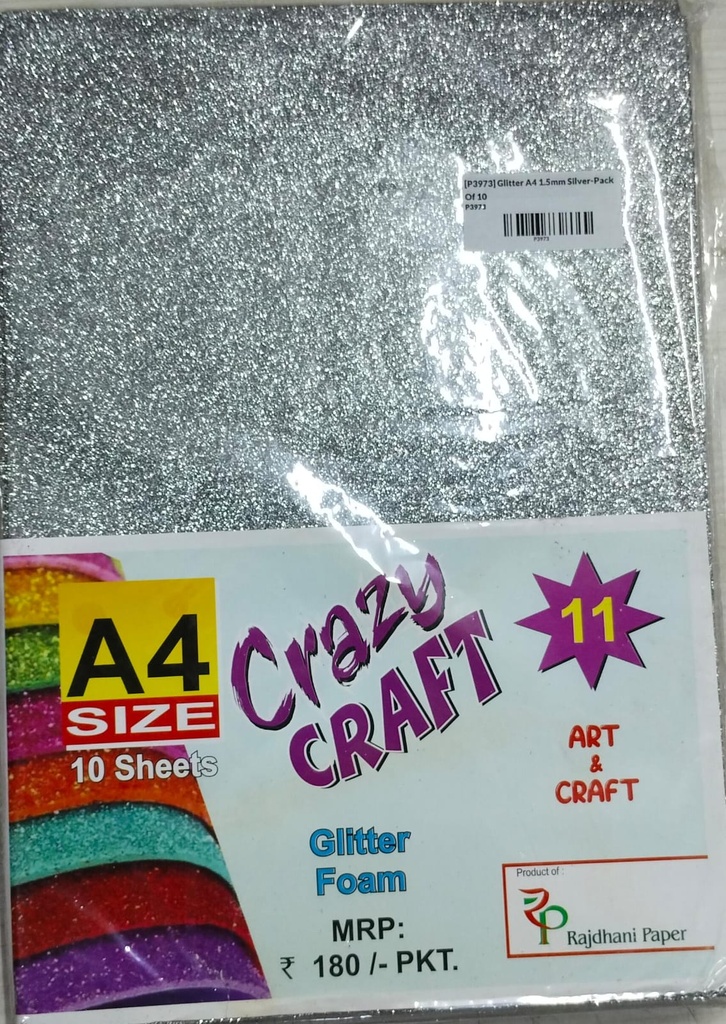Glitter Foam Sheet, A4 Size, Silver Colour, (1.5mm Thick -Pack Of 10) For Arts and Crafts, Scrapbooking, DIY Work, Decoration, Gift Wrapping.