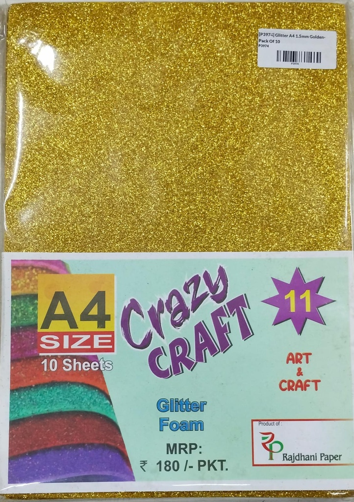 Glitter Foam Sheet, A4 Size, Golden Colour, (1.5mm Thick -Pack Of 10) For Arts and Crafts, Scrapbooking, DIY Work, Decoration, Gift Wrapping.
