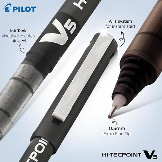 Pilot Pen Hi-techpoint V5 0.5mm Black Colour, Refillable Cartridge System